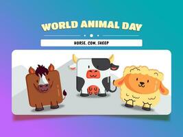 mundo animal dia, quadrado animal desenho animado conjunto cavalo, vaca, e ovelha vetor