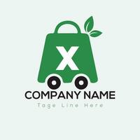 eco compras logotipo em carta x modelo. eco conectados carrinho em x carta, inicial compras placa conceito vetor