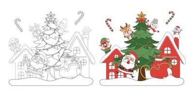 santa claus e fofa Natal personagens com Natal árvore dentro neve Vila, Natal tema linha arte rabisco desenho animado ilustração, coloração livro para crianças, alegre Natal. vetor
