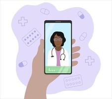 telemedicina. médico online no celular. consulta de profissional médico. mão está segurando o smartphone. ilustração em vetor plana