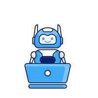 robô personagem trabalhos com computador portátil vetor ilustração. fofa desenho animado robô ilustração