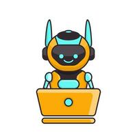 robô personagem trabalhos com computador portátil vetor ilustração. fofa desenho animado robô ilustração