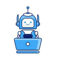 robô personagem trabalhos com computador portátil vetor ilustração. fofa desenho animado robô ilustração