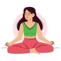 uma mulher medita dentro a lótus posição. pilates, ioga e meditação. relaxamento e relaxamento, interior Paz e equilíbrio, uma jovem menina leva Cuidado do dela saúde. plano vetor ilustração