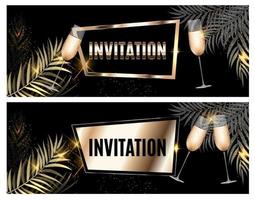 convite ornamentado de luxo vintage dourado com folha de palmeira e taças de ilustração vetorial de modelo de champanhe vetor