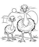 avestruz tendo uma bebê coloração Páginas vetor