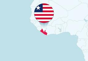 África com selecionado Libéria mapa e Libéria bandeira ícone. vetor