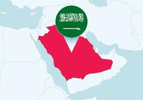Ásia com selecionado saudita arábia mapa e saudita arábia bandeira ícone. vetor