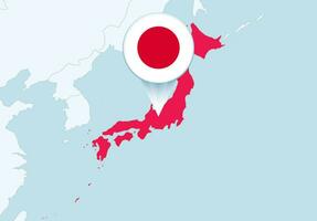 Ásia com selecionado Japão mapa e Japão bandeira ícone. vetor