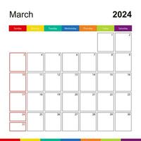 marcha 2024 colorida parede calendário, semana começa em Domingo. vetor