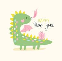 cartão com fofa desenho animado verde Dragão. feliz Novo ano 2024. vetor ilustrações
