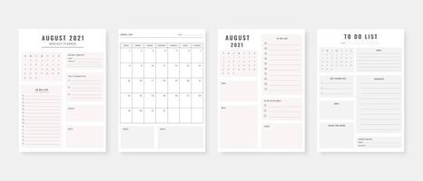 agosto de 2021 - planejador. conjunto de modelo de planejador moderno. conjunto de planejador e lista de tarefas. modelo de planejador mensal, semanal e diário. ilustração vetorial. vetor