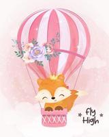 adorável raposa bebê voando com balão de ar vetor