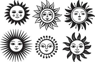 coleção conjunto do Sol face rabisco esboço ilustração vetor