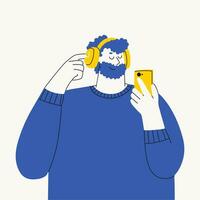 homem dentro sem fio fones de ouvido escuta para música, podcast ou áudio-livro dentro dele Smartphone. vetor na moda ilustração.