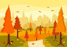 outono panorama fundo vetor ilustração com montanhas, Campos, árvores e outono folhas dentro plano desenho animado natural estação panorama modelos