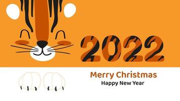 banner horizontal ou cartão com cara de tigre bonito dos desenhos animados feliz ano novo e feliz Natal de 2022. ilustração vetorial vetor