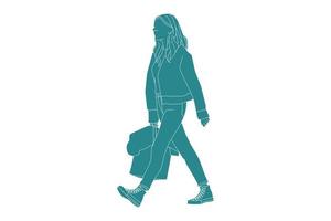 ilustração em vetor de mulher casual andando na estrada lateral, estilo simples com contorno