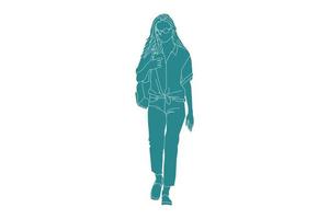 ilustração em vetor de mulher casual andando na estrada lateral, estilo simples com contorno