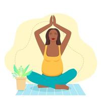 mulher grávida meditando em casa. ilustração do conceito de ioga pré-natal, meditação, relaxamento, recreação, estilo de vida saudável. ilustração em estilo cartoon plana. vetor