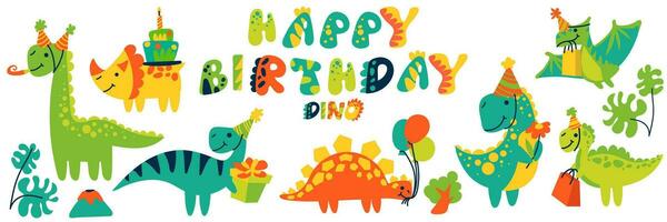 uma conjunto do isolado fofa dinossauros dentro uma feliz aniversário tema. vetor ilustração para uma aniversário. brilhante festivo animais com presentes, bolo e balões dentro festivo cones. aniversário festa dentro a selva