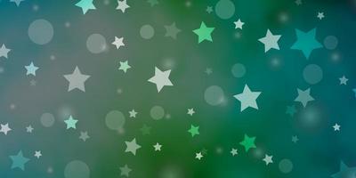 fundo azul claro, verde do vetor com círculos, estrelas. glitter ilustração abstrata com gotas coloridas, estrelas. design para têxteis, tecidos, papéis de parede.