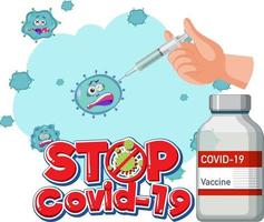 stop logotipo covid-19 ou banner com frasco de vacina covid-19 e sinal de coronavírus vetor