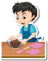 desenho de adesivo com um menino padeiro segurando uma tigela de chocolate vetor