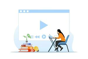 bem sucedido Aprendendo conceito, conectados lições, moderno Educação. fêmea aluna é estudando conectados curso de telefone. conectados cursos e webinários. vetor ilustração dentro plano Projeto.