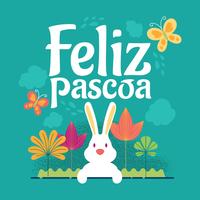 Feliz Páscoa ou fundo tipográfico de Feliz Pascoa com coelho e flores vetor