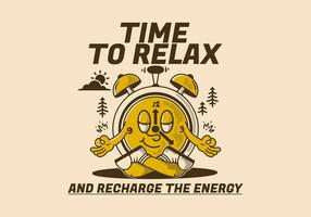 Tempo para relaxar e recarrega energia, alarme relógio mascote personagem dentro meditação pose vetor