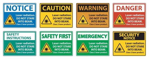 radiação a laser, não olhe fixamente para o feixe, sinal de produto a laser classe 2 em fundo branco vetor
