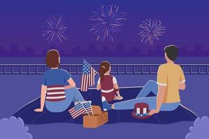 família assistindo fogos de artifício no dia 4 de julho ilustração vetorial de cores planas vetor