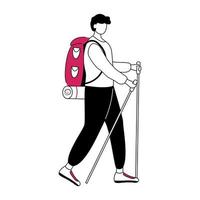 rapaz com ilustração em vetor contorno plana de varas de caminhada. ideias de viagens baratas para estudantes isolaram o personagem de contorno de desenho animado no fundo branco. acampar na floresta. turismo orçamento desenho simples