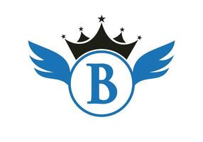 carta b transporte logotipo com asa, escudo e coroa ícone. asa logotipo em escudo símbolo vetor