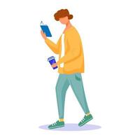 homem com livro, ilustração vetorial plana de café. cara lendo um romance interessante em movimento. aluno caminhando, aprendendo livro didático, segurando um personagem de desenho animado isolado de vidro de plástico vetor