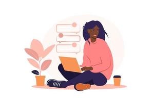 mulher africana sentada com o laptop. ilustração do conceito para trabalhar, estudar, educação, trabalhar em casa, estilo de vida saudável. pode usar para fundos, infográficos, imagens de heróis. apartamento. vetor. vetor