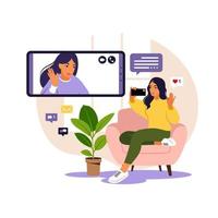 mulher usando o telefone para reunião virtual coletiva e videoconferência em grupo. mulher conversando com amigos online. videoconferência, trabalho remoto, conceito de tecnologia. vetor