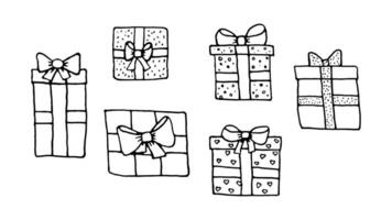conjunto do caixas desenhado à mão dia dos namorados, aniversário ou Natal presentes. a caixa é amarrado com uma arco. presente invólucro. vetor