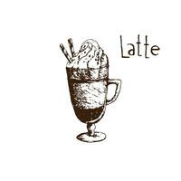 mão desenhado vintage vidro do café com leite café com comestível palhas vetor ilustração. café com leite e creme e chocolate cobertura dentro uma vidro com uma lidar. lápis desenhado dentro vintage gravação estilo.