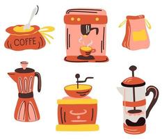 ferramenta e utensílios de café. cafeteira, prensa francesa, geyser maker, moedor. conjunto de ferramentas de café barista para servir, preparar. equipamento para bebida de café da manhã. vetor