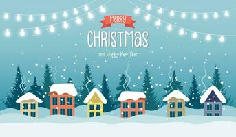 inverno panorama com fofa casas, árvores e feriado luzes, alegre Natal cumprimento cartão modelo. ilustração dentro plano estilo. vetor