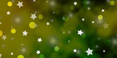 layout de vetor verde e amarelo claro com círculos, estrelas. ilustração abstrata com formas coloridas de círculos, estrelas. design para têxteis, tecidos, papéis de parede.