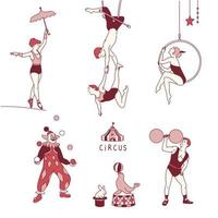membros do circo realizando várias acrobacias. mão desenhada estilo ilustrações vetoriais. vetor