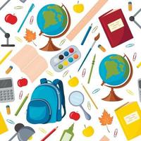 padrão sem emenda de vetor com material escolar. globo, mochila, lápis, canetas, clipes de papel, calculadora