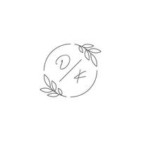 iniciais dk monograma Casamento logotipo com simples folha esboço e círculo estilo vetor
