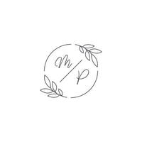 iniciais mp monograma Casamento logotipo com simples folha esboço e círculo estilo vetor