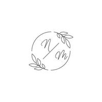 iniciais nm monograma Casamento logotipo com simples folha esboço e círculo estilo vetor