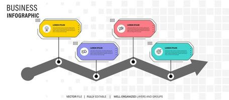 conceito do o negócio modelo com 4 sucessivo passos. quatro colorida gráfico elementos. Linha do tempo Projeto para folheto, apresentação. infográfico Projeto disposição vetor