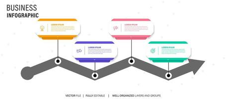 conceito do o negócio modelo com 4 sucessivo passos. quatro colorida gráfico elementos. Linha do tempo Projeto para folheto, apresentação. infográfico Projeto disposição vetor